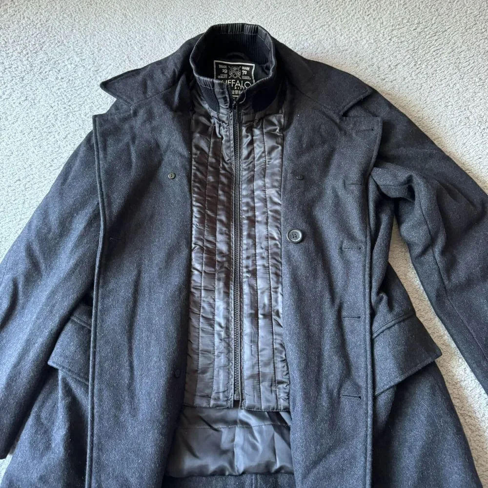 Buffalo David Bitton Jacket Mens Medium Gray Wool Blend Overcoat‎ Insulated